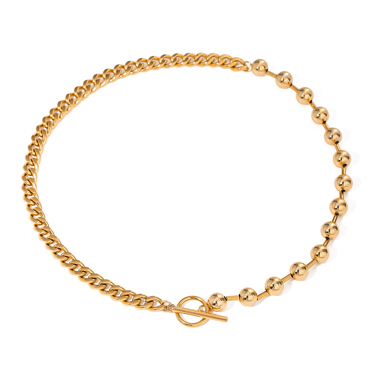 Stainless Steel Curb Chain Beaded Chain Splicing OT Buckle Necklace