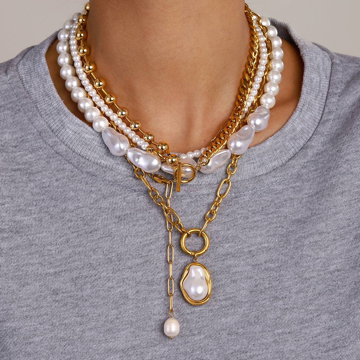 Stainless Steel Curb Chain Beaded Chain Splicing OT Buckle Necklace