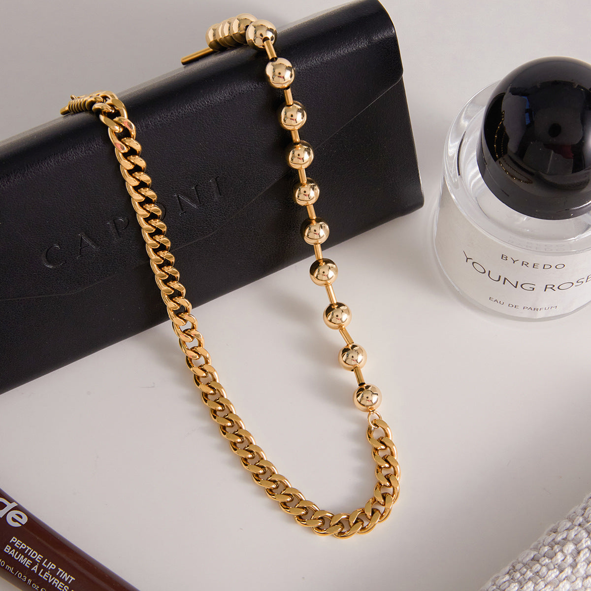 Stainless Steel Curb Chain Beaded Chain Splicing OT Buckle Necklace