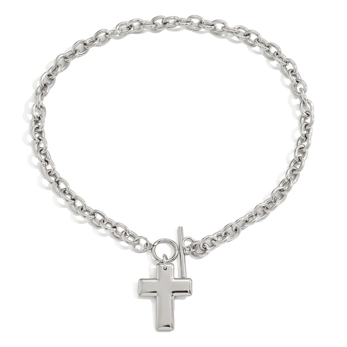 Stainless Steel Cross Pendant OT Clasp Cable Chain Necklace