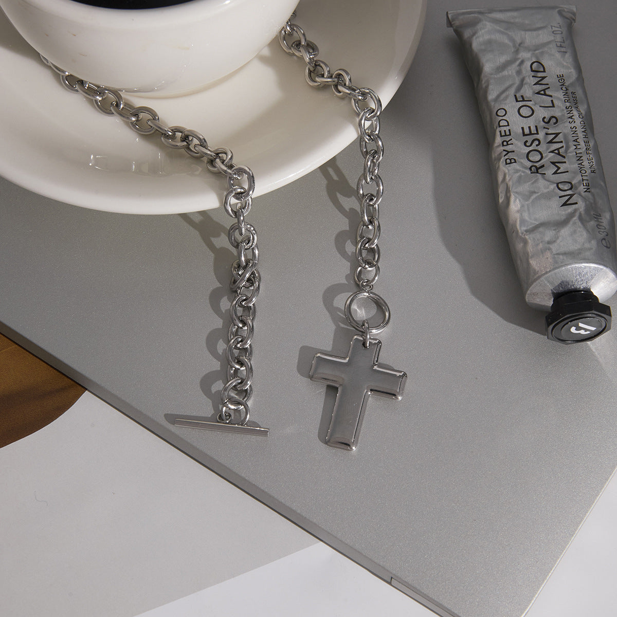 Stainless Steel Cross Pendant OT Clasp Cable Chain Necklace