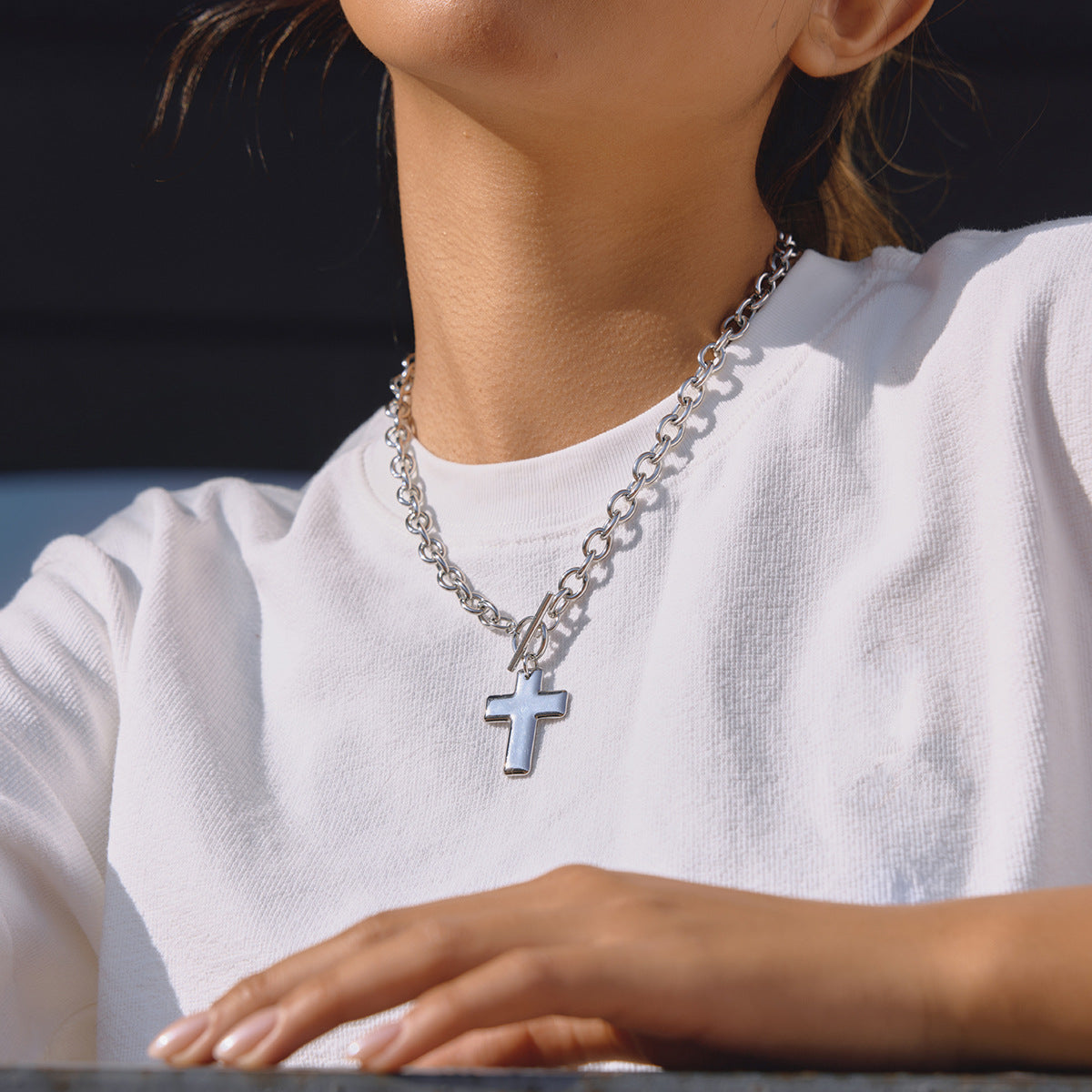 Stainless Steel Cross Pendant OT Clasp Cable Chain Necklace