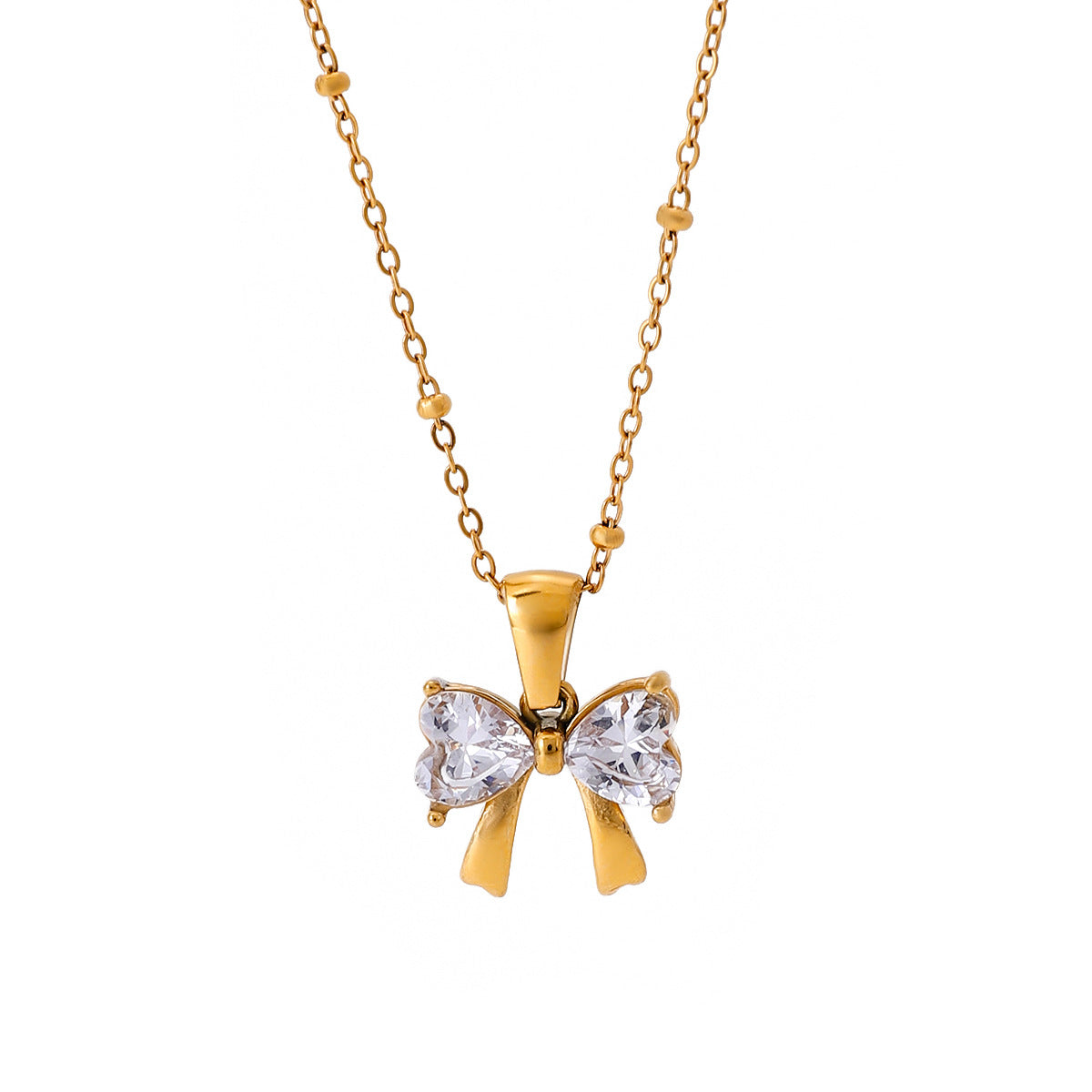 Stainless Steel Bowknot Cubic Zirconia Heart Necklace