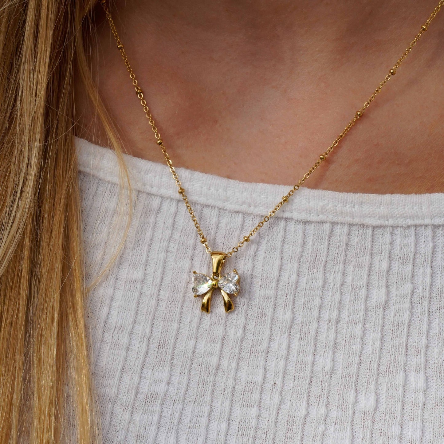 Stainless Steel Bowknot Cubic Zirconia Heart Necklace