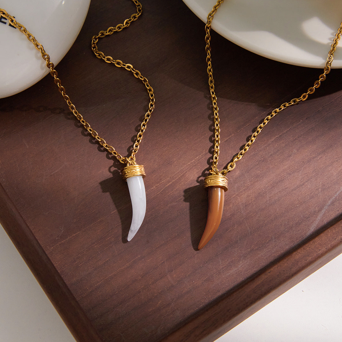 Stainless Steel Rhinestone Ox Head and Horn Resin Pendant Necklace