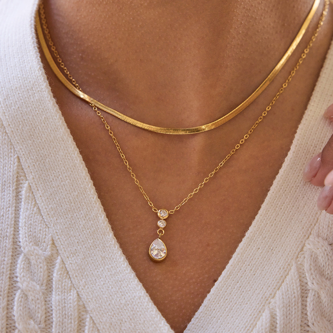 Stainless Steel Double-layer Water Drop Cubic Zirconia Necklace