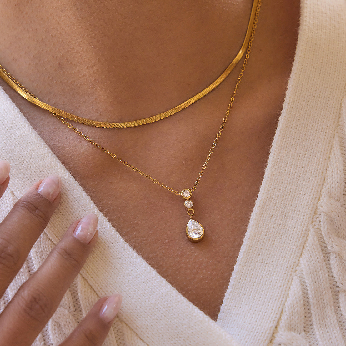 Stainless Steel Double-layer Water Drop Cubic Zirconia Necklace