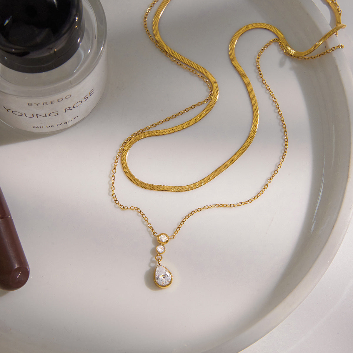 Stainless Steel Double-layer Water Drop Cubic Zirconia Necklace