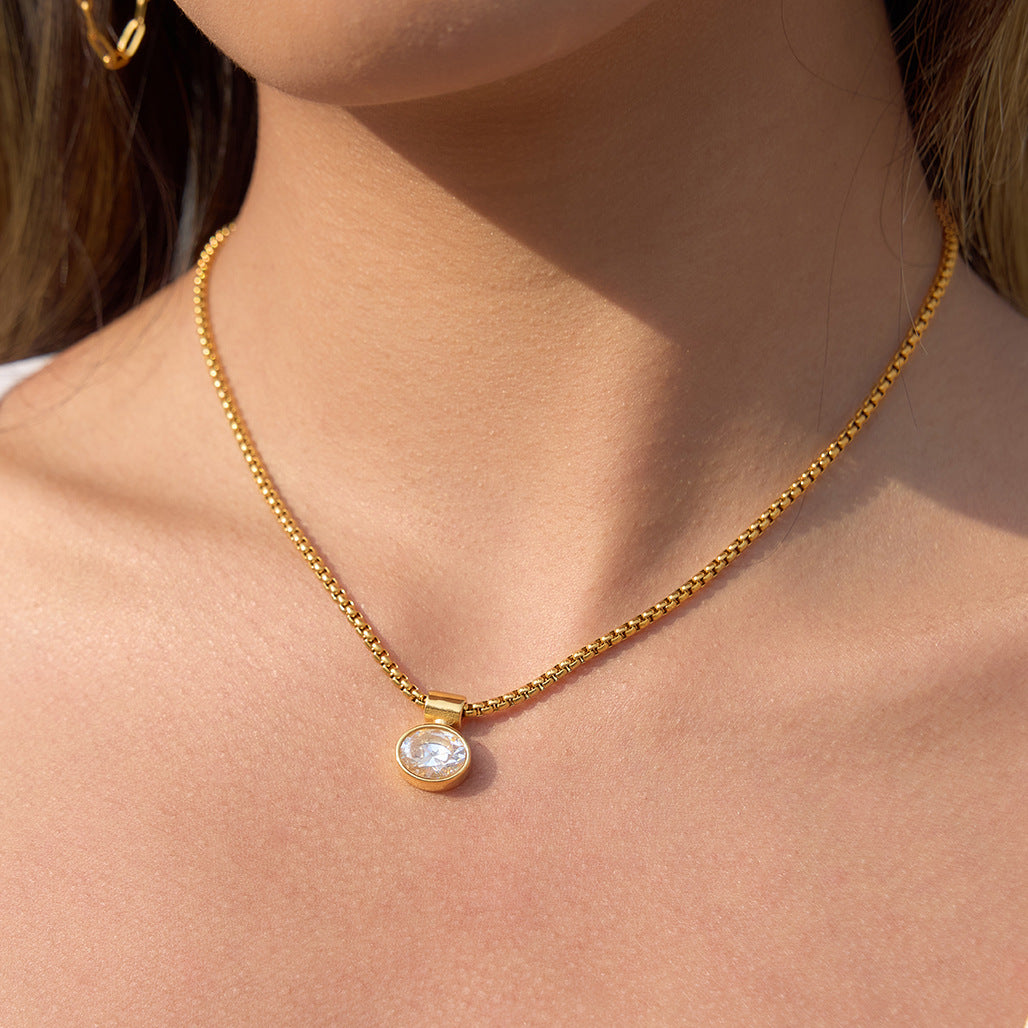 Stainless Steel White CZ Pendant Role Chain Necklace