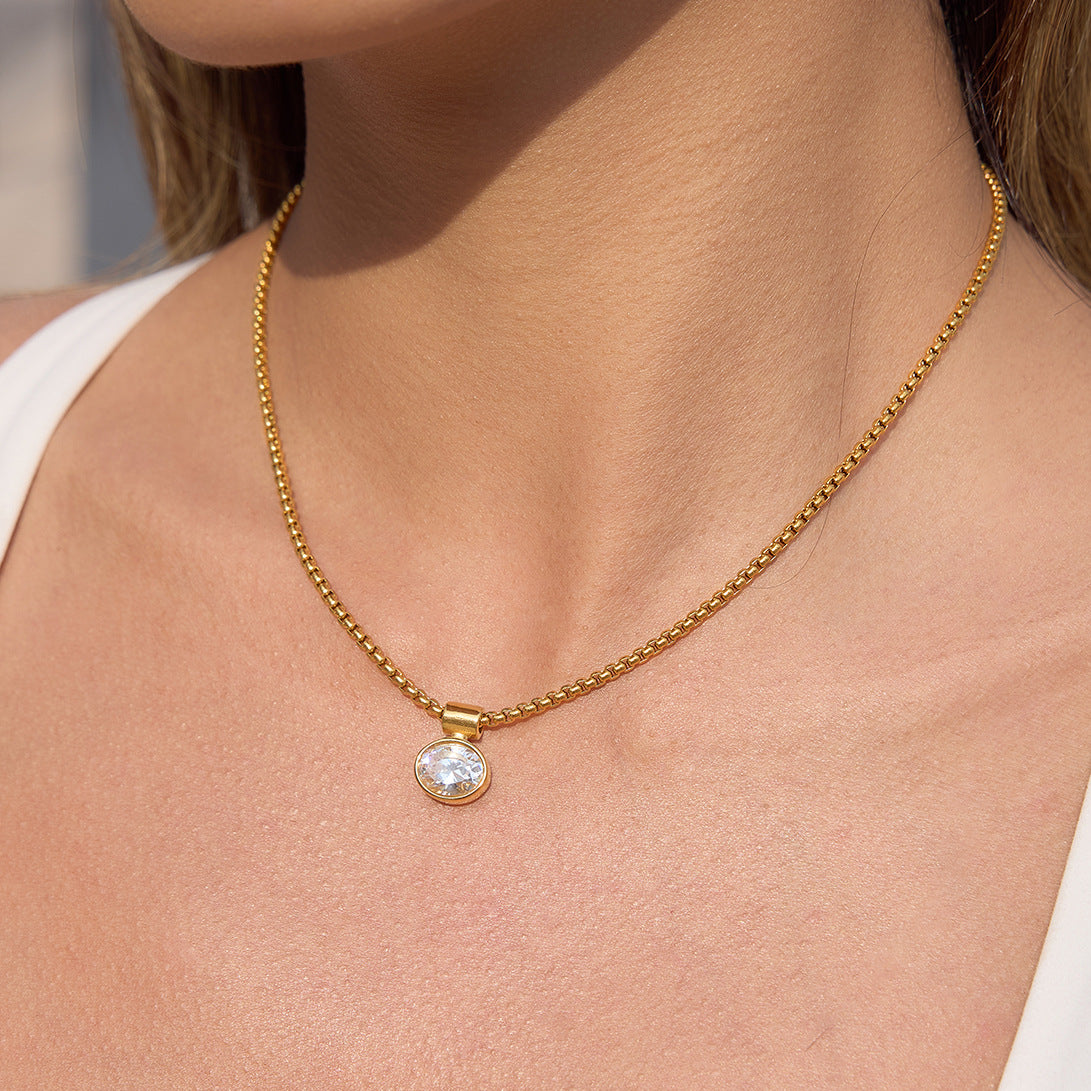Stainless Steel White CZ Pendant Role Chain Necklace