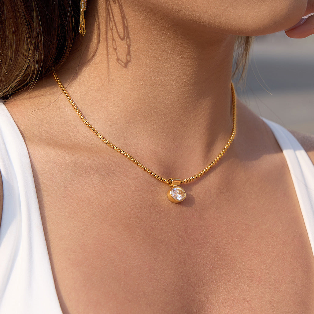 Stainless Steel White CZ Pendant Role Chain Necklace