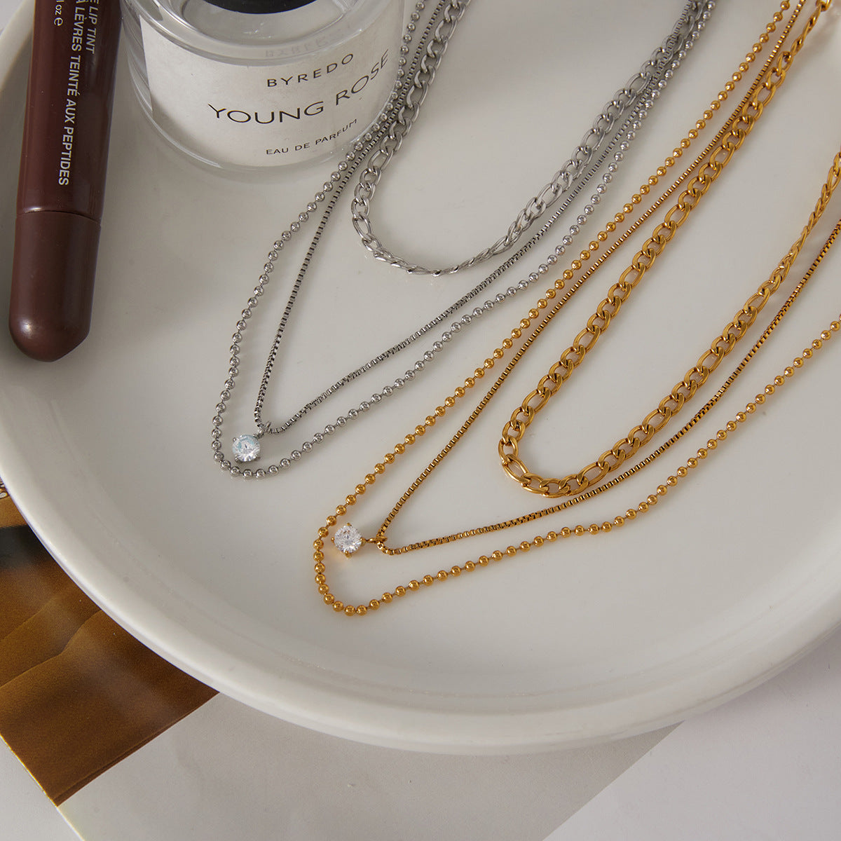 Stainless Steel Three-layer CZ Pendant Necklace