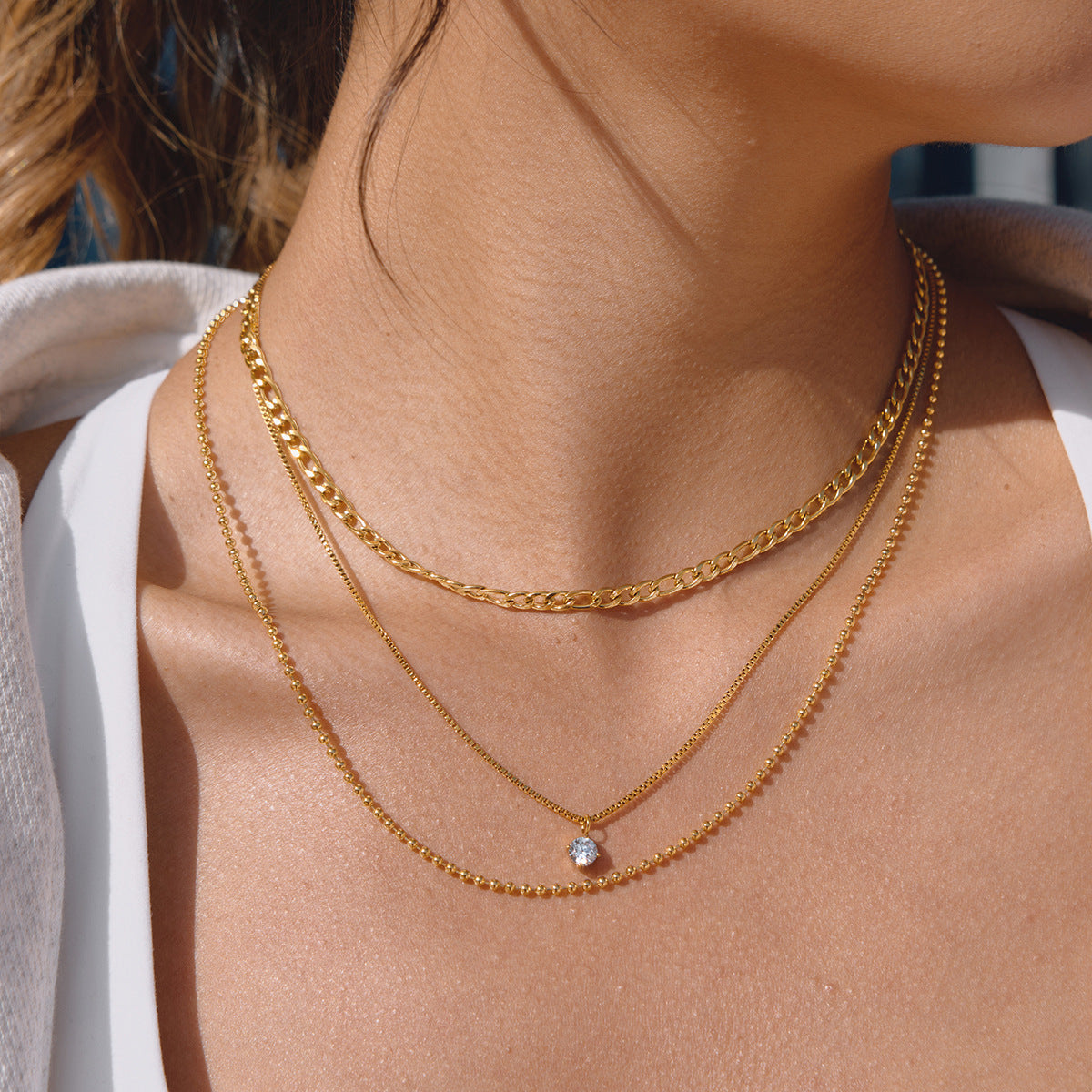 Stainless Steel Three-layer CZ Pendant Necklace