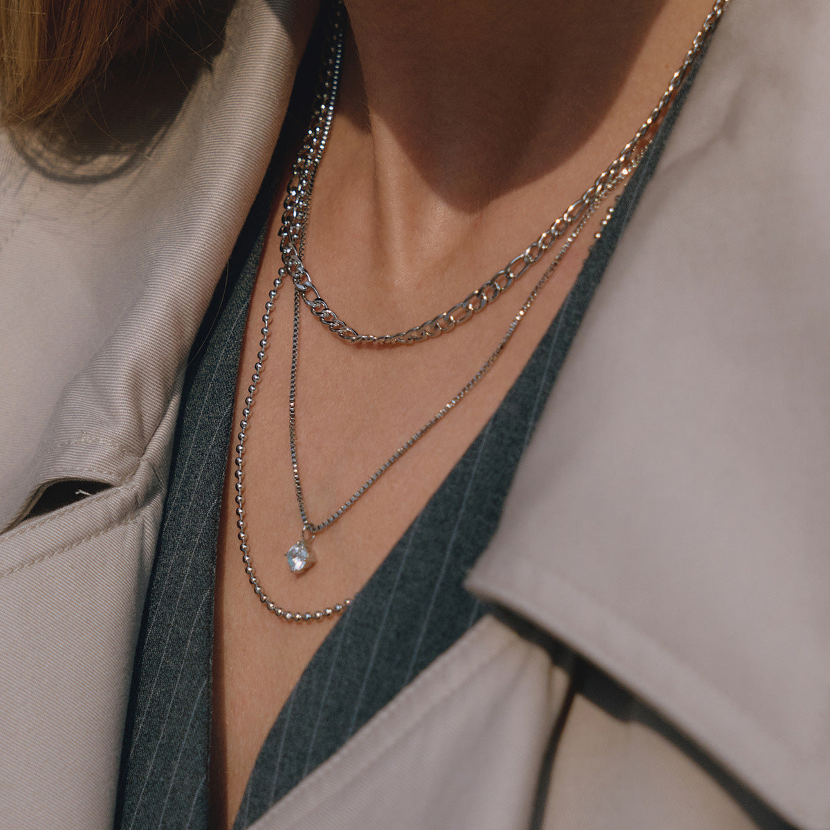 Stainless Steel Three-layer CZ Pendant Necklace