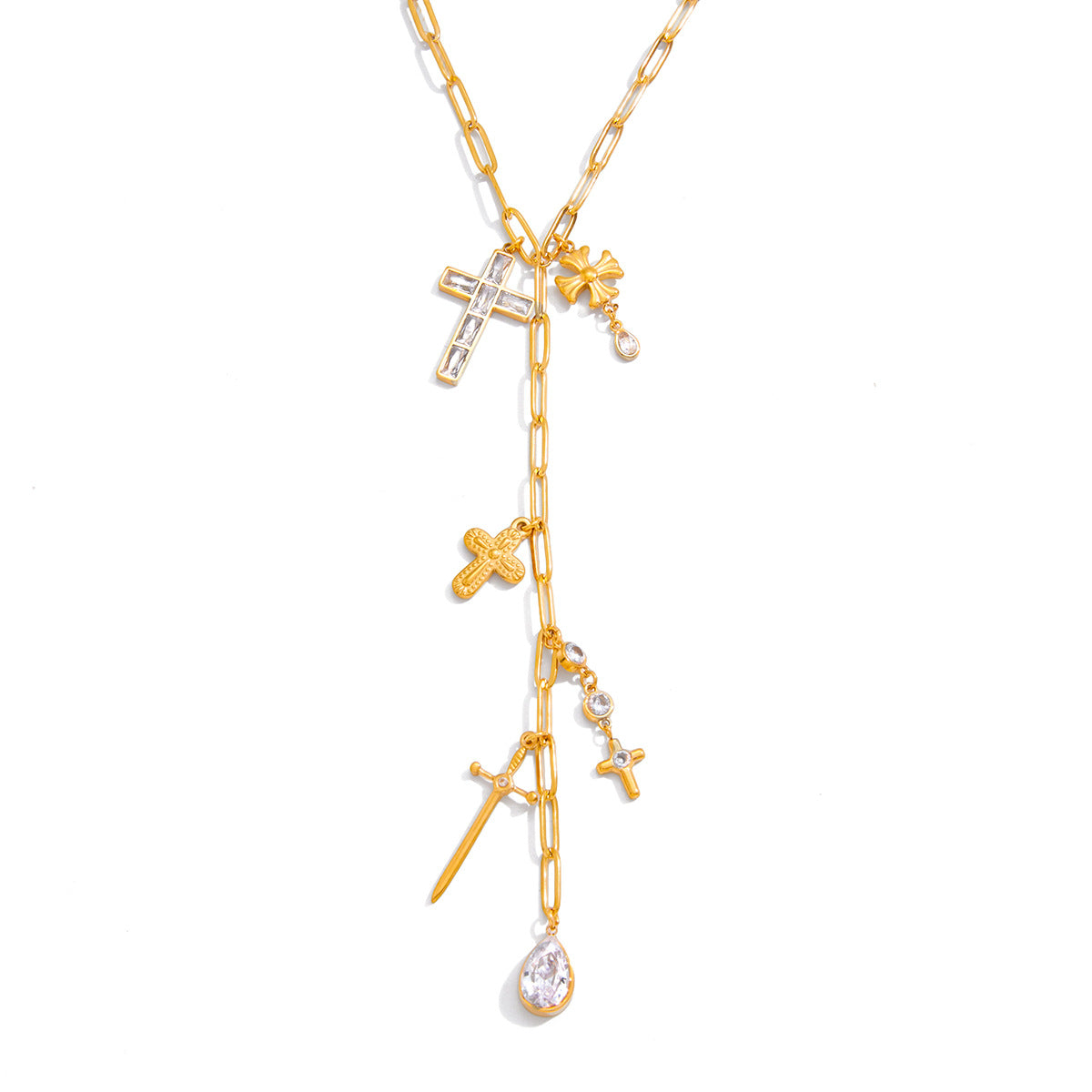 Stainless Steel Cubic Zirconia Cross Lariat Necklace