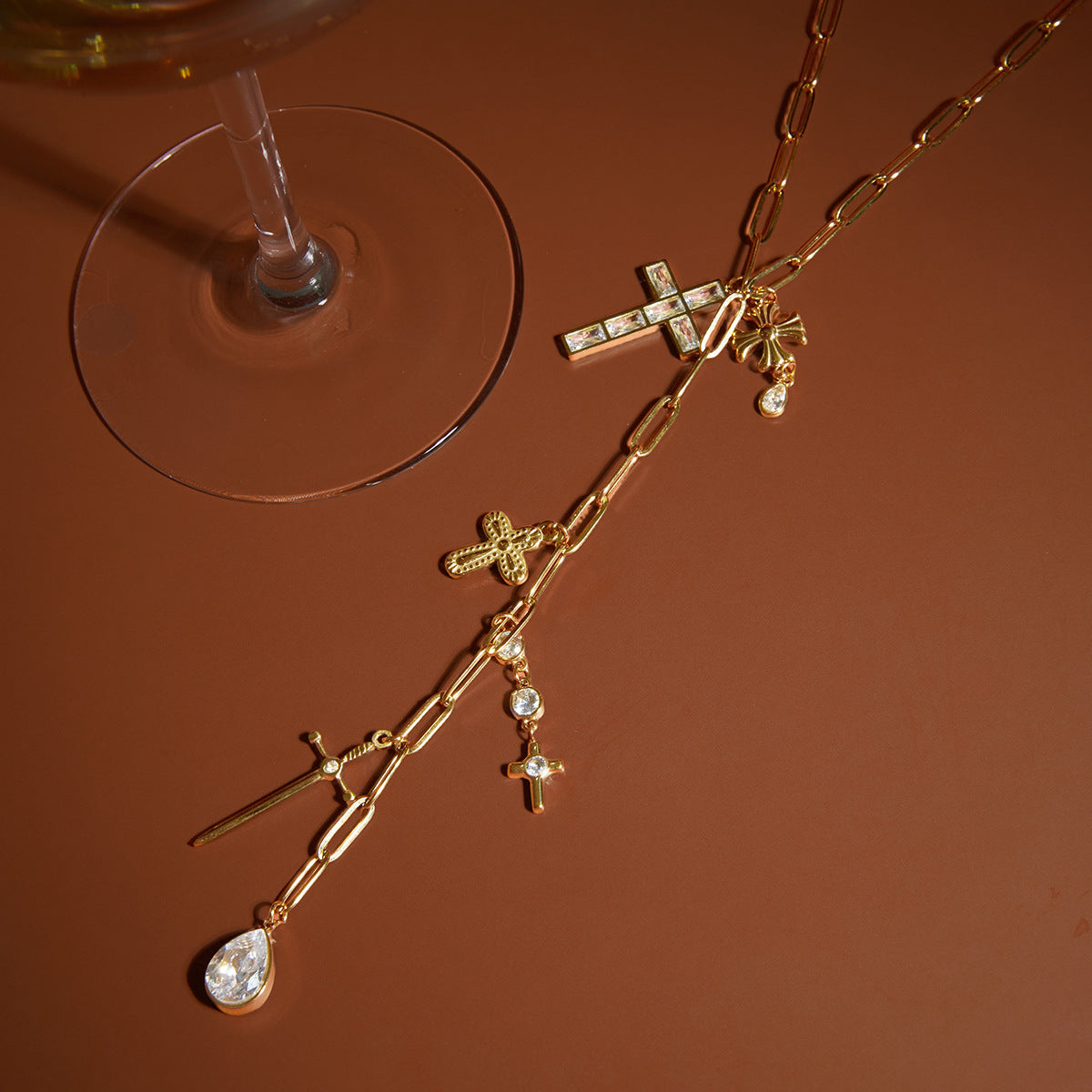 Stainless Steel Cubic Zirconia Cross Lariat Necklace