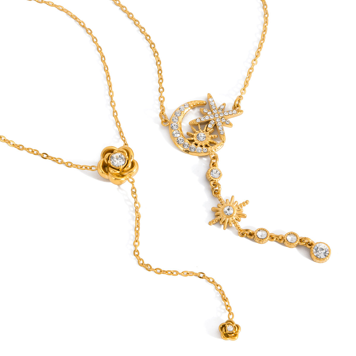 Stainless Steel Star Moon CZ Tassel Lariat Necklace