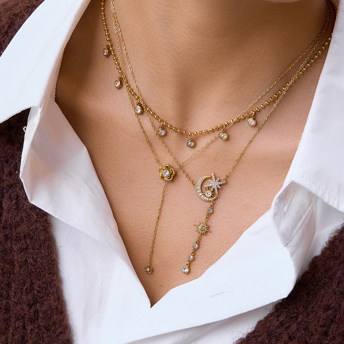 Stainless Steel Star Moon CZ Tassel Lariat Necklace