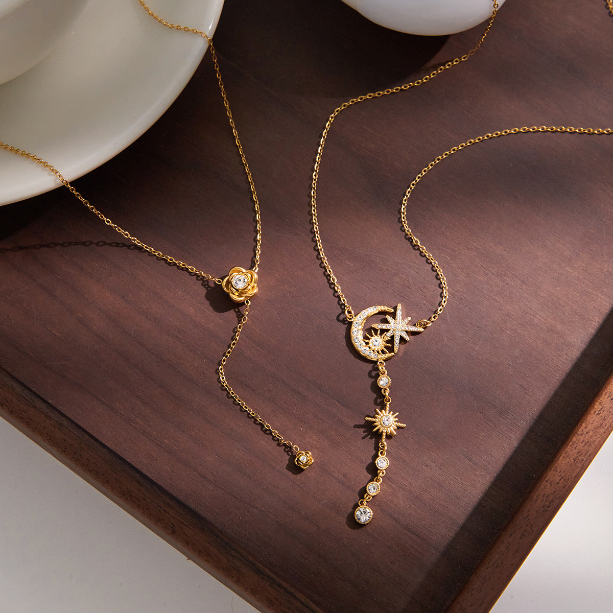 Stainless Steel Star Moon CZ Tassel Lariat Necklace