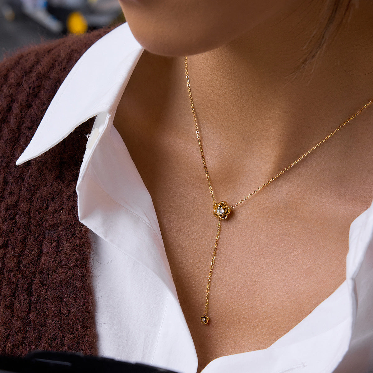Stainless Steel Star Moon CZ Tassel Lariat Necklace
