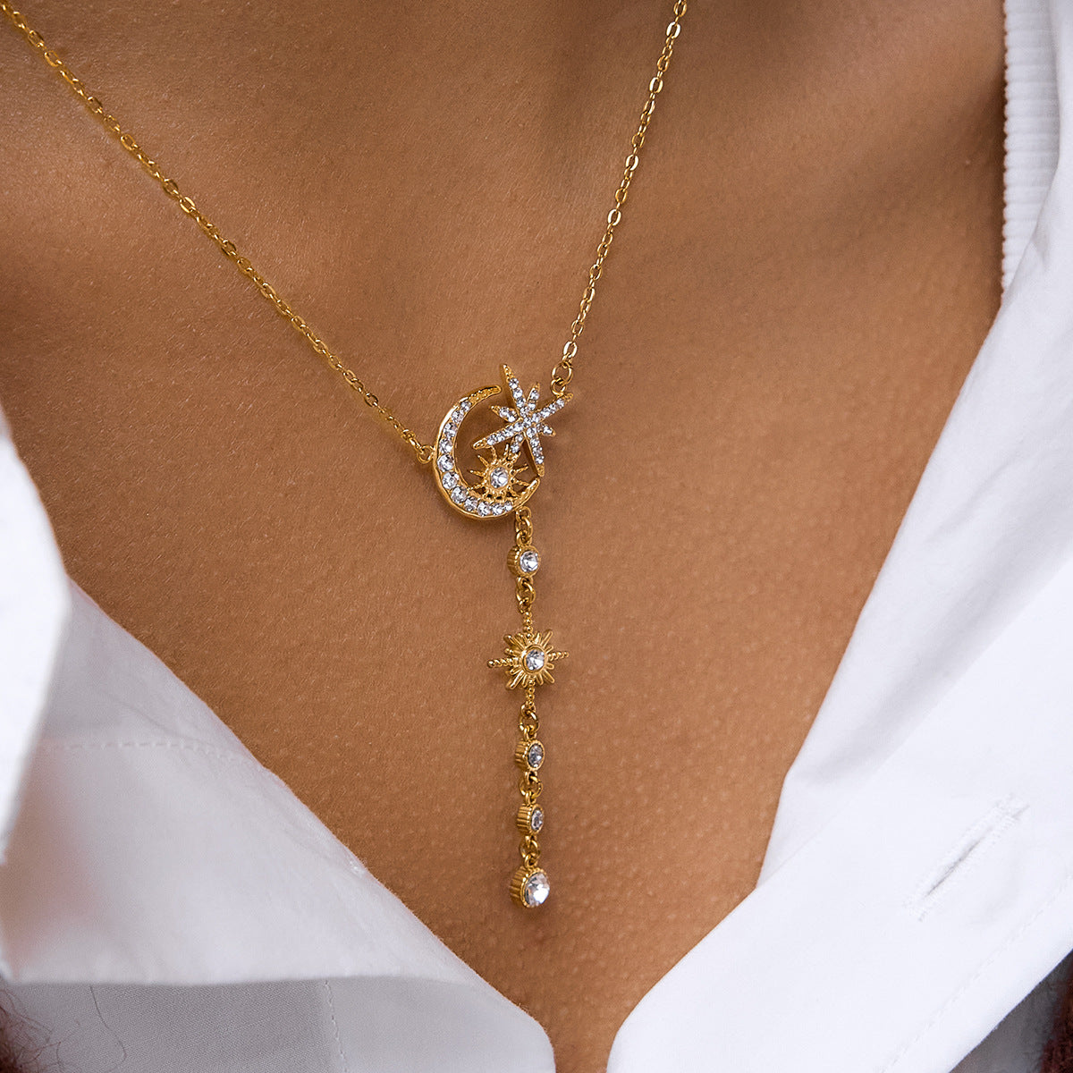 Stainless Steel Star Moon CZ Tassel Lariat Necklace