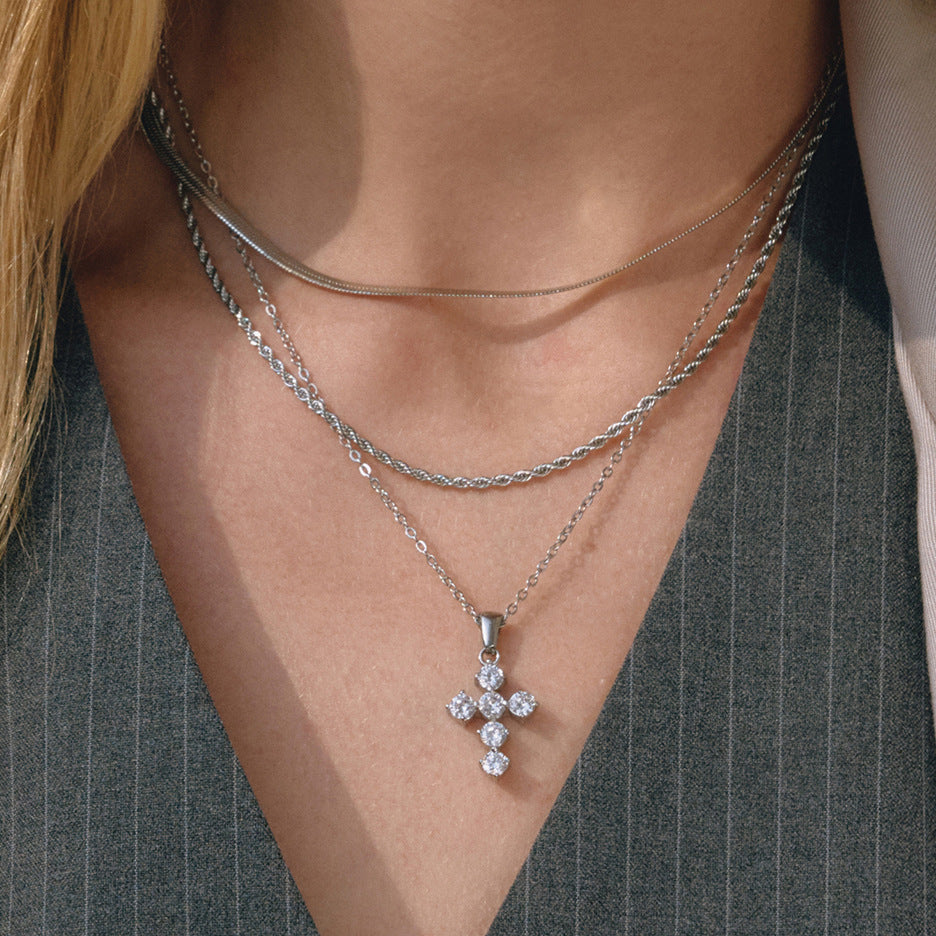 Stainless Steel White CZ Cross Pendant Necklace