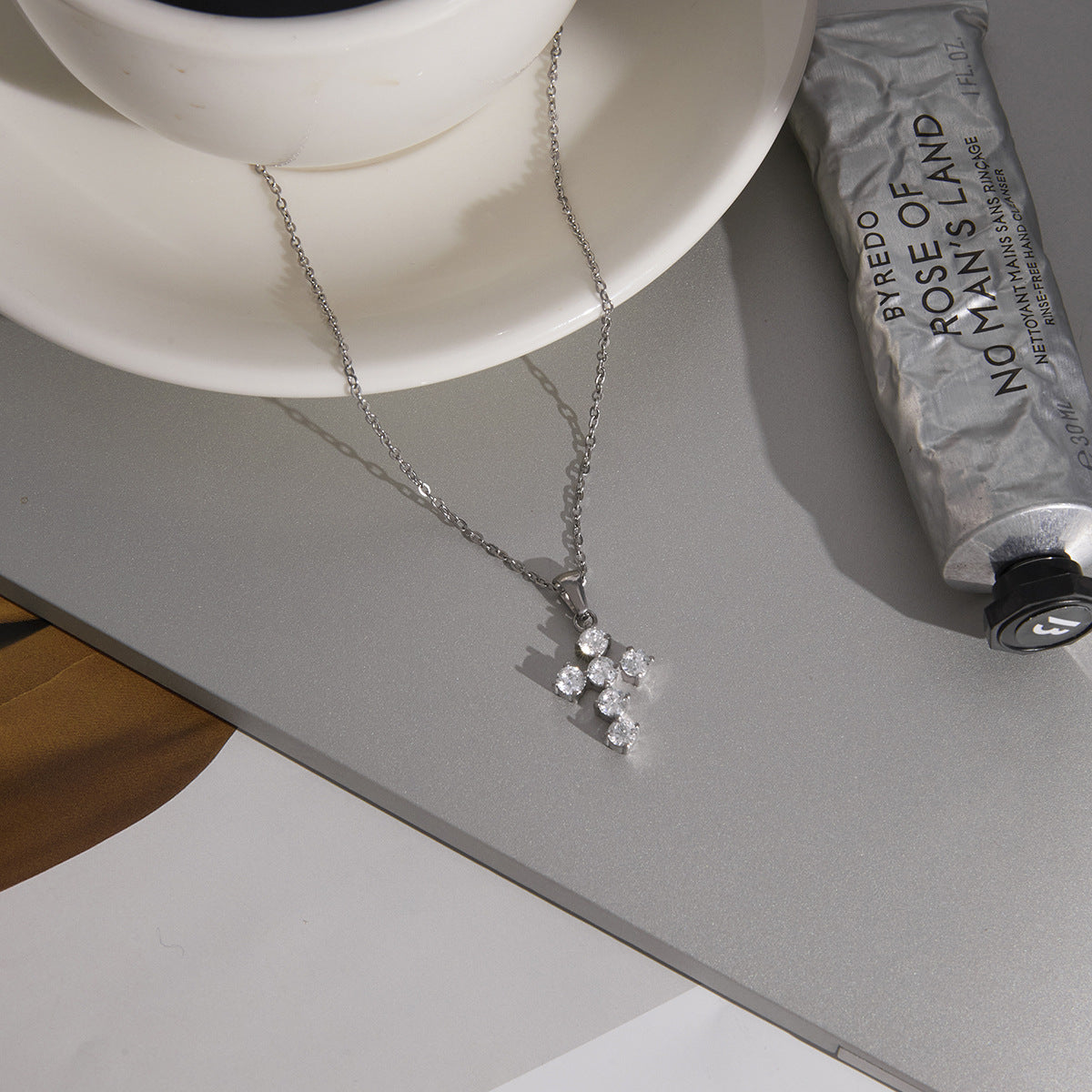 Stainless Steel White CZ Cross Pendant Necklace