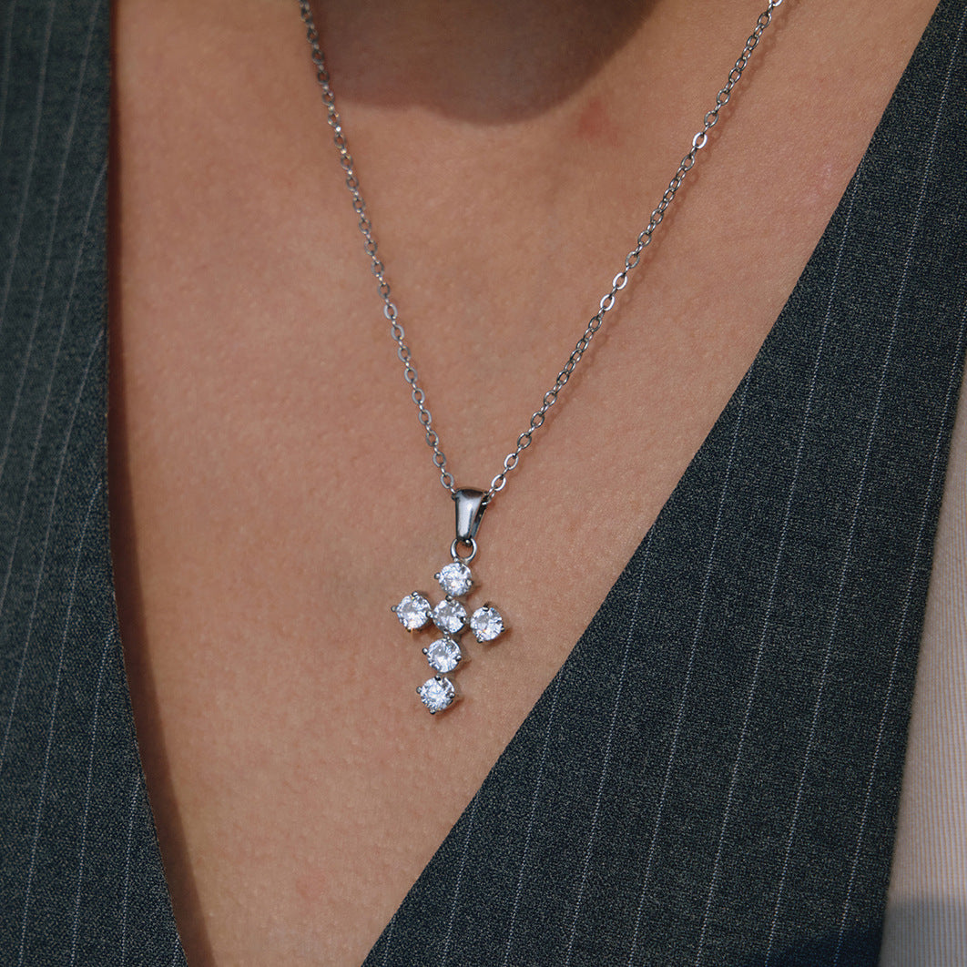 Stainless Steel White CZ Cross Pendant Necklace