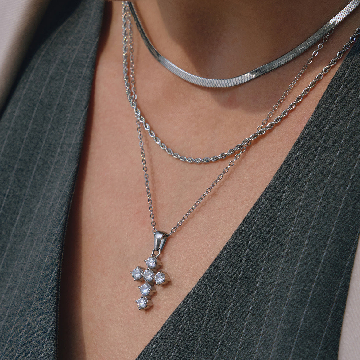 Stainless Steel White CZ Cross Pendant Necklace