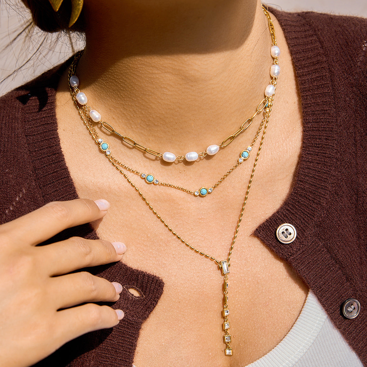 Stainless Steel Freshwater Pearl Blue Turquoise Necklace