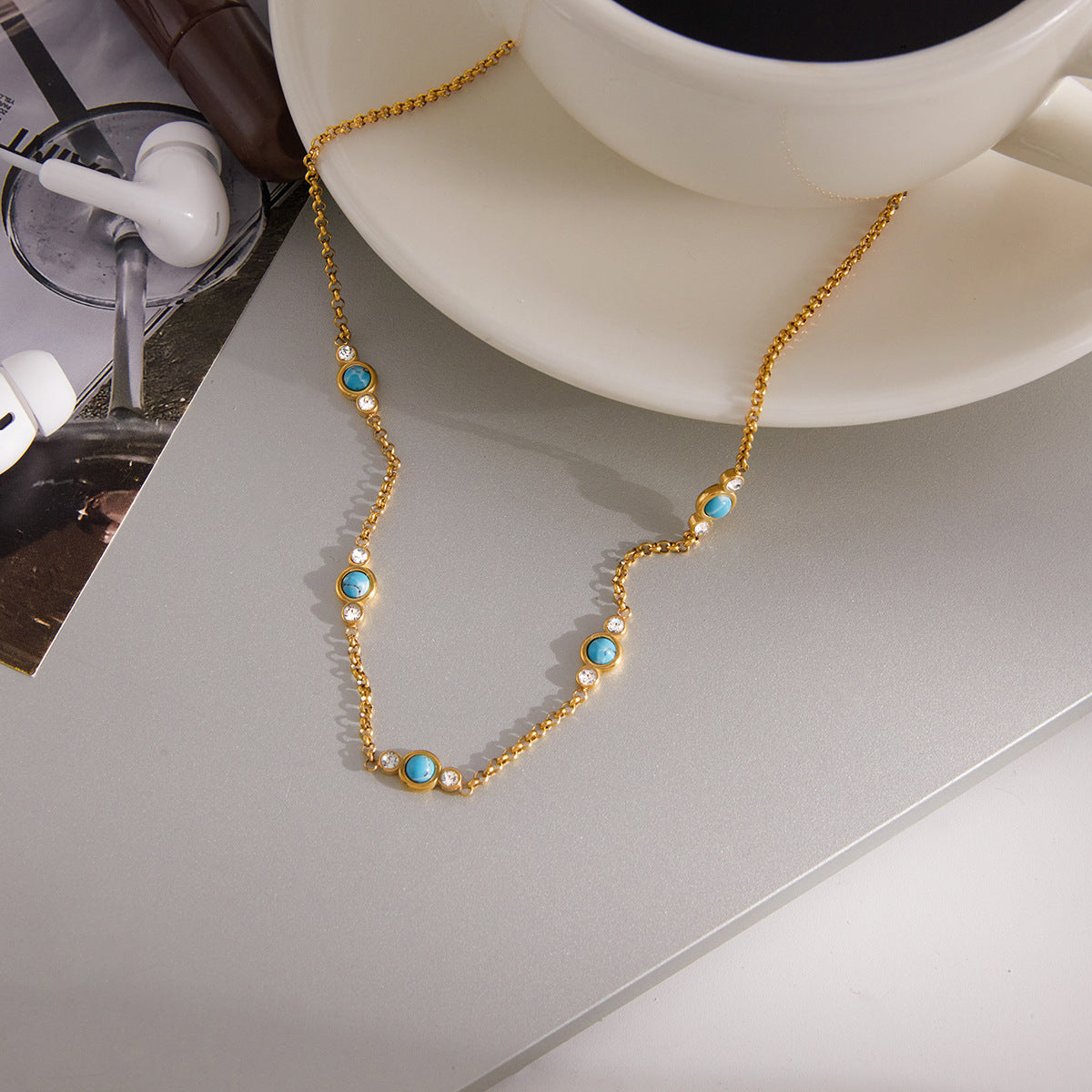 Stainless Steel Freshwater Pearl Blue Turquoise Necklace