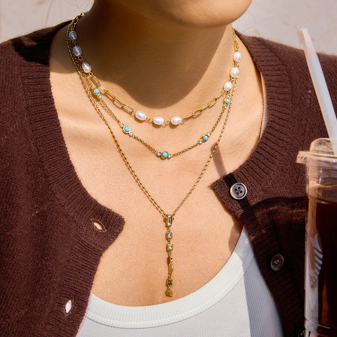 Stainless Steel Freshwater Pearl Blue Turquoise Necklace