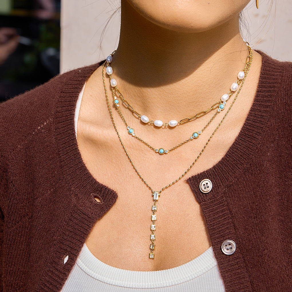 Stainless Steel Freshwater Pearl Blue Turquoise Necklace