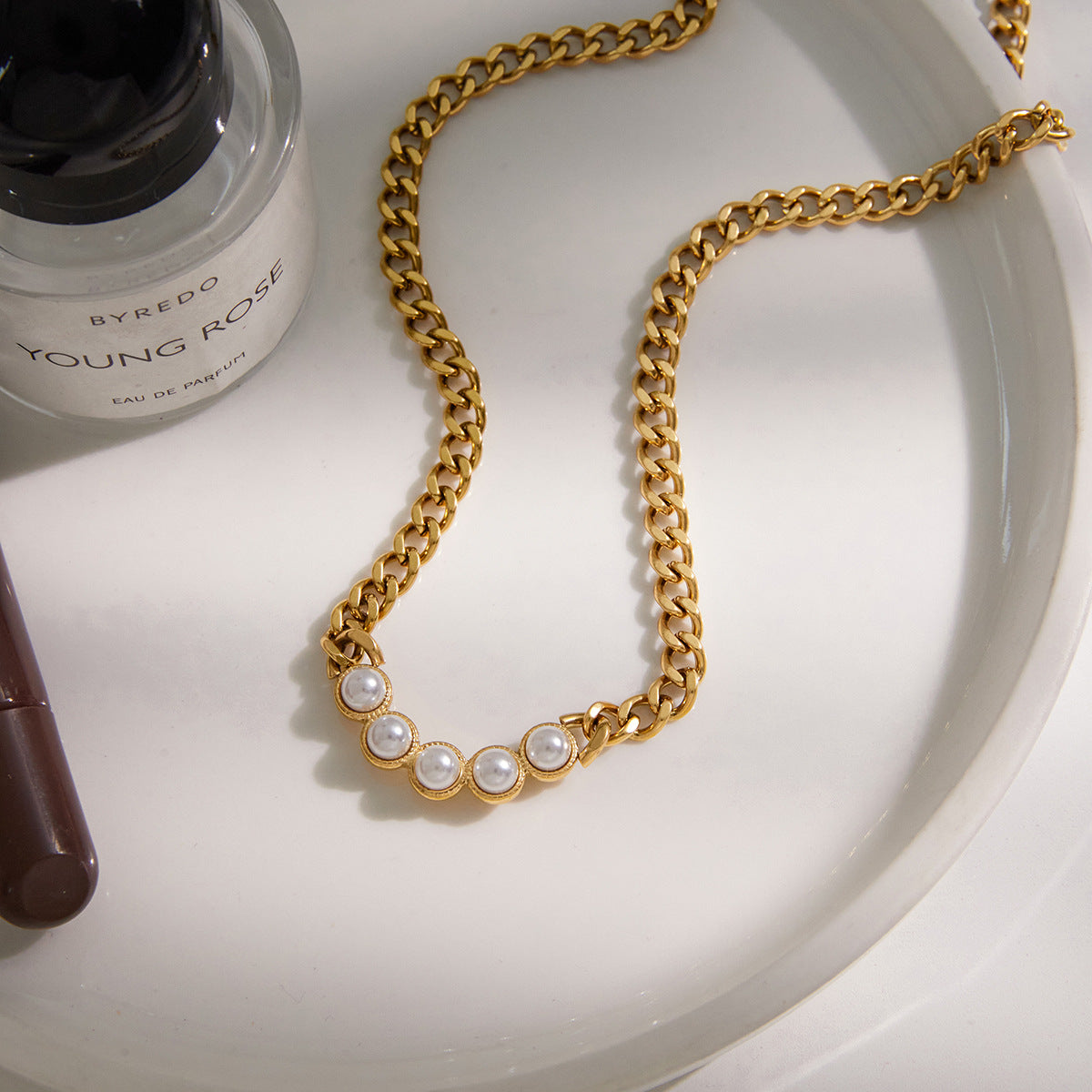 18K Gold PVD Stainless Steel Resin Pearl Necklace