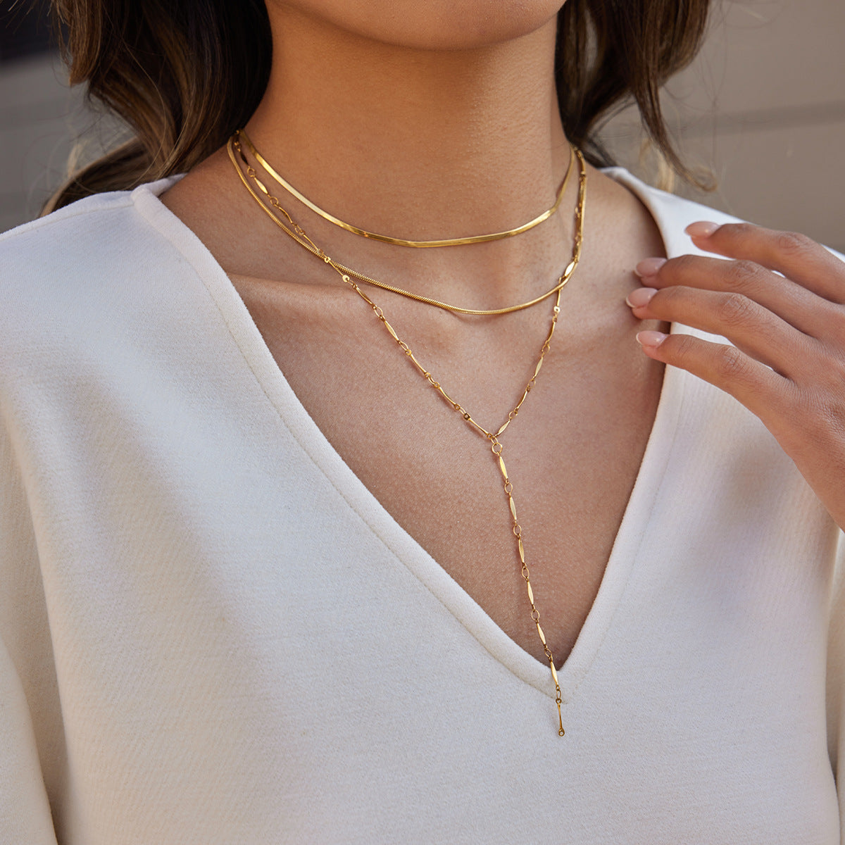 Stainless Steel Three-layer Stack Lariat Necklace