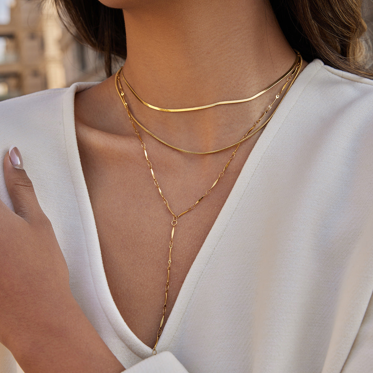 Stainless Steel Three-layer Stack Lariat Necklace