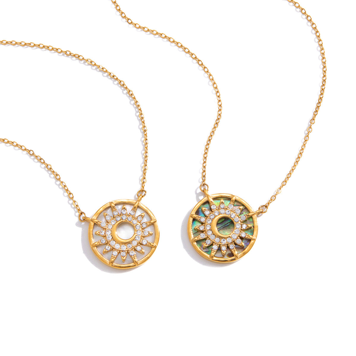 Stainless Steel Rhinestone Abalone Shell Sun Pendant Necklace