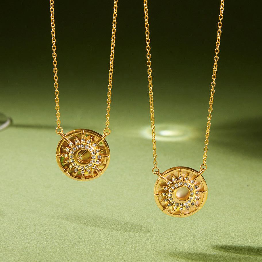 Stainless Steel Rhinestone Abalone Shell Sun Pendant Necklace