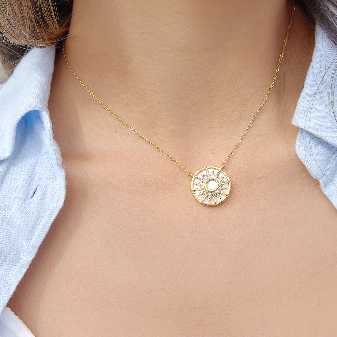 Stainless Steel Rhinestone Abalone Shell Sun Pendant Necklace