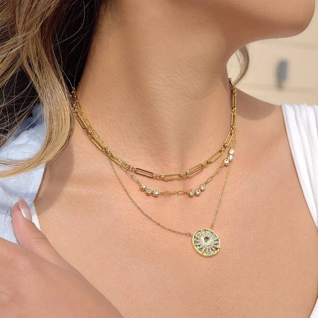 Stainless Steel Rhinestone Abalone Shell Sun Pendant Necklace