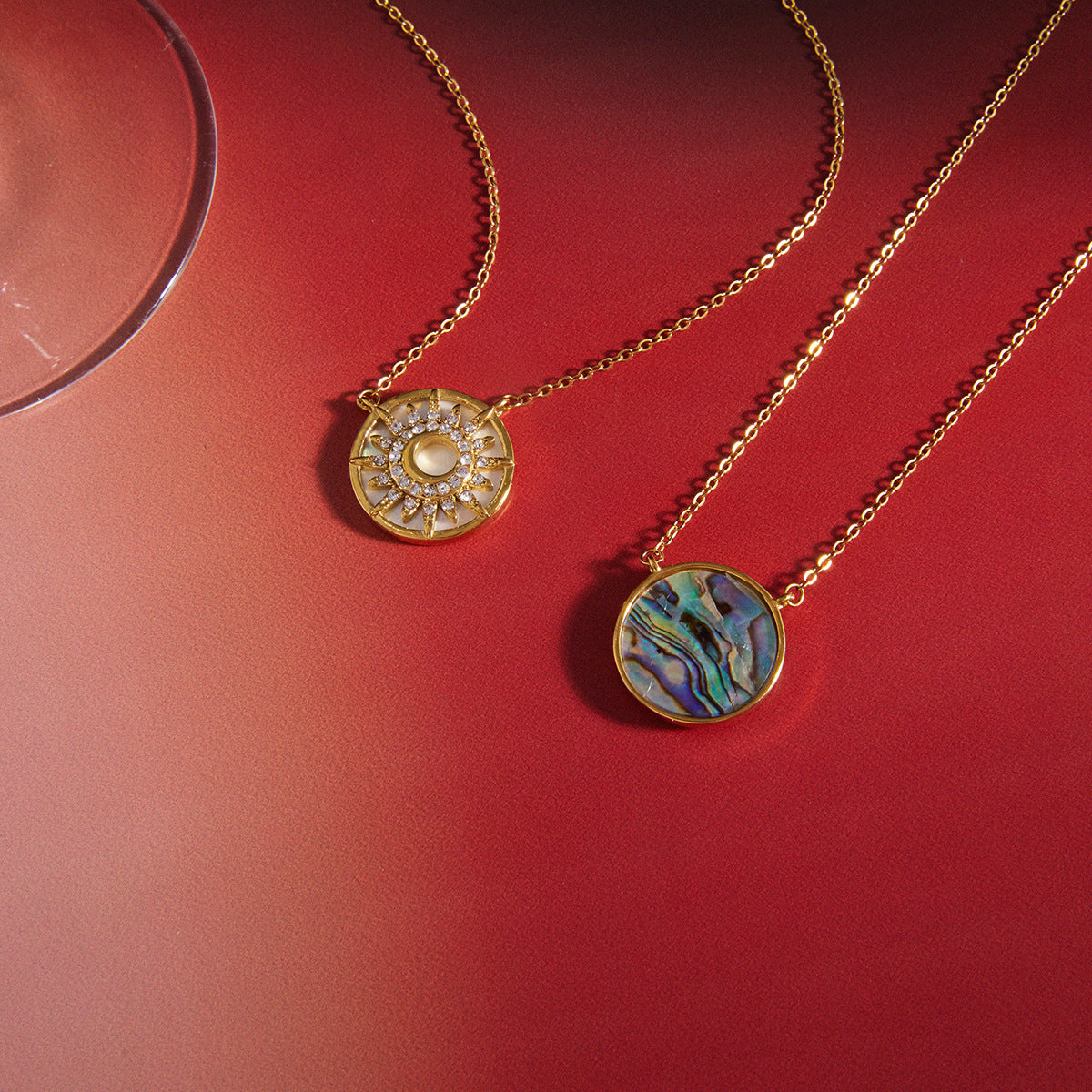 Stainless Steel Rhinestone Abalone Shell Sun Pendant Necklace