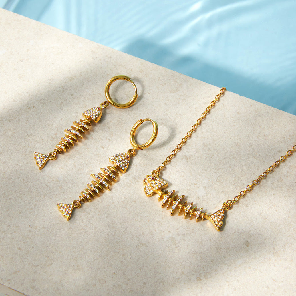 Stainless Steel White Rhinestone Fish Bone Necklace Earrings Jewelry Set