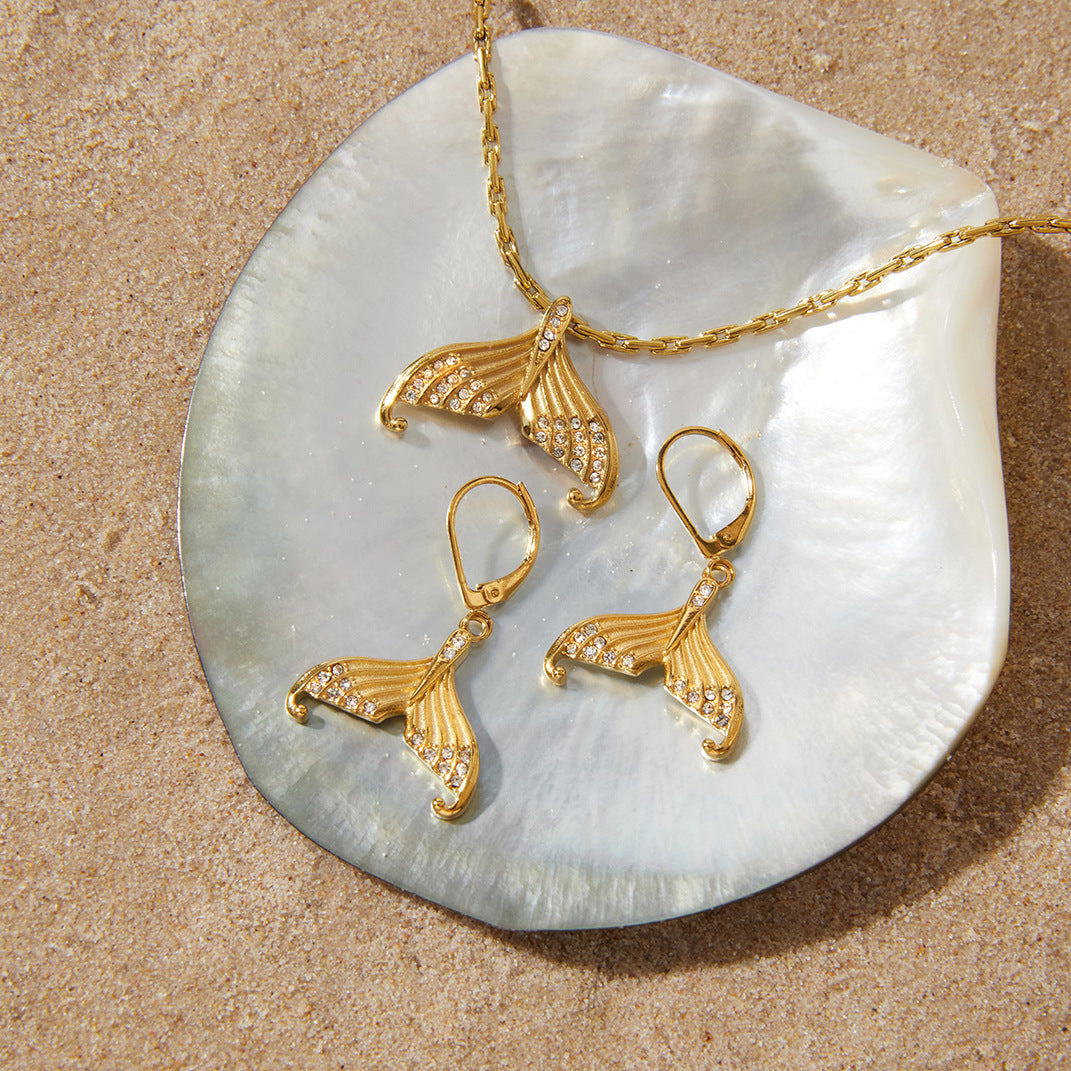 Stainless Steel Rhinestone Fish Tail Necklace Earrings Jewelry Set