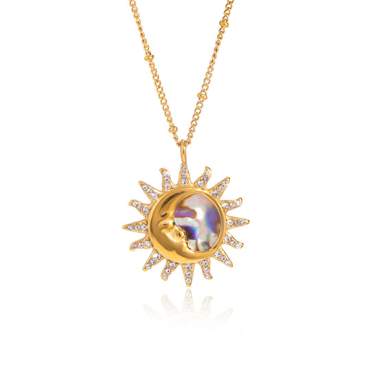 Stainless Steel Rhinestone Abalone Shell Sun Necklace