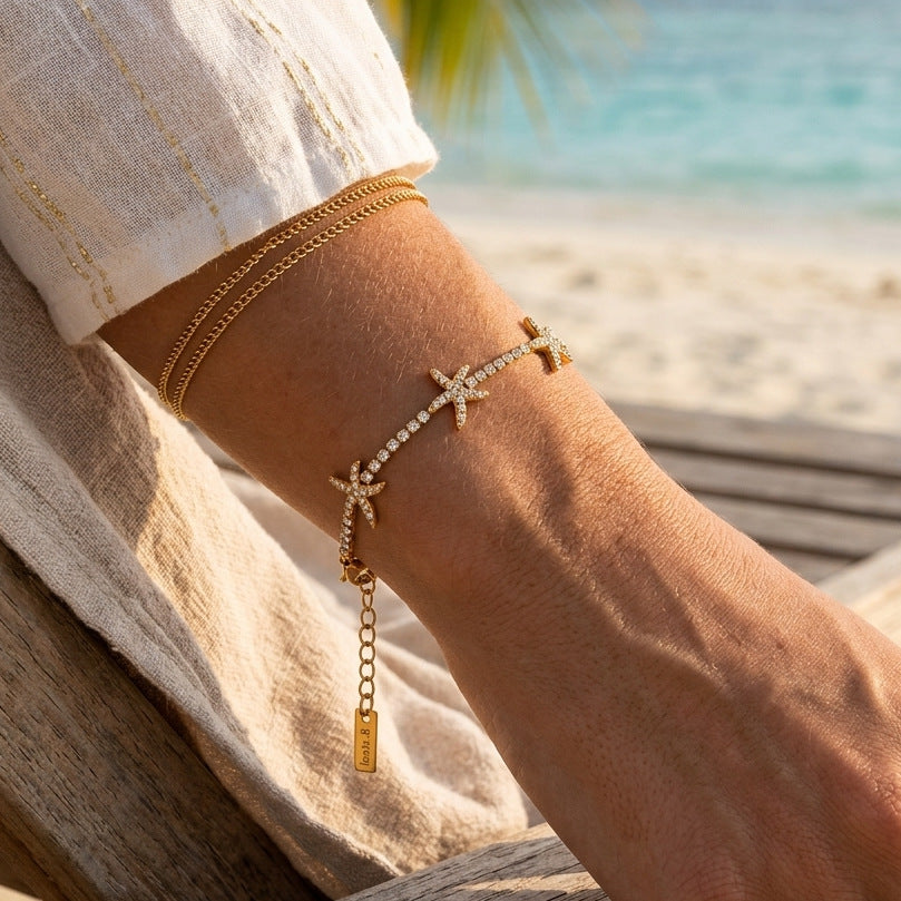 Stainless Steel White Cubic Zirconia Starfish Bracelet