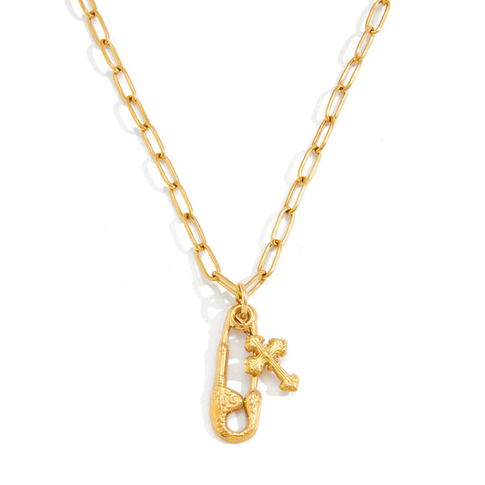 Stainless Steel Pin Pendant Paperclip Chain Necklace