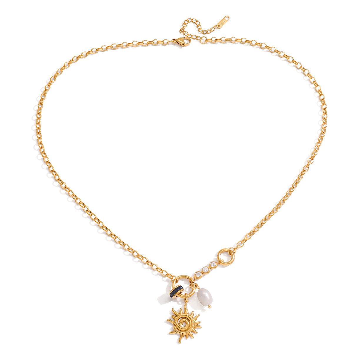 Stainless Steel Spiral Sun Pendant Freshwater Pearl Necklace
