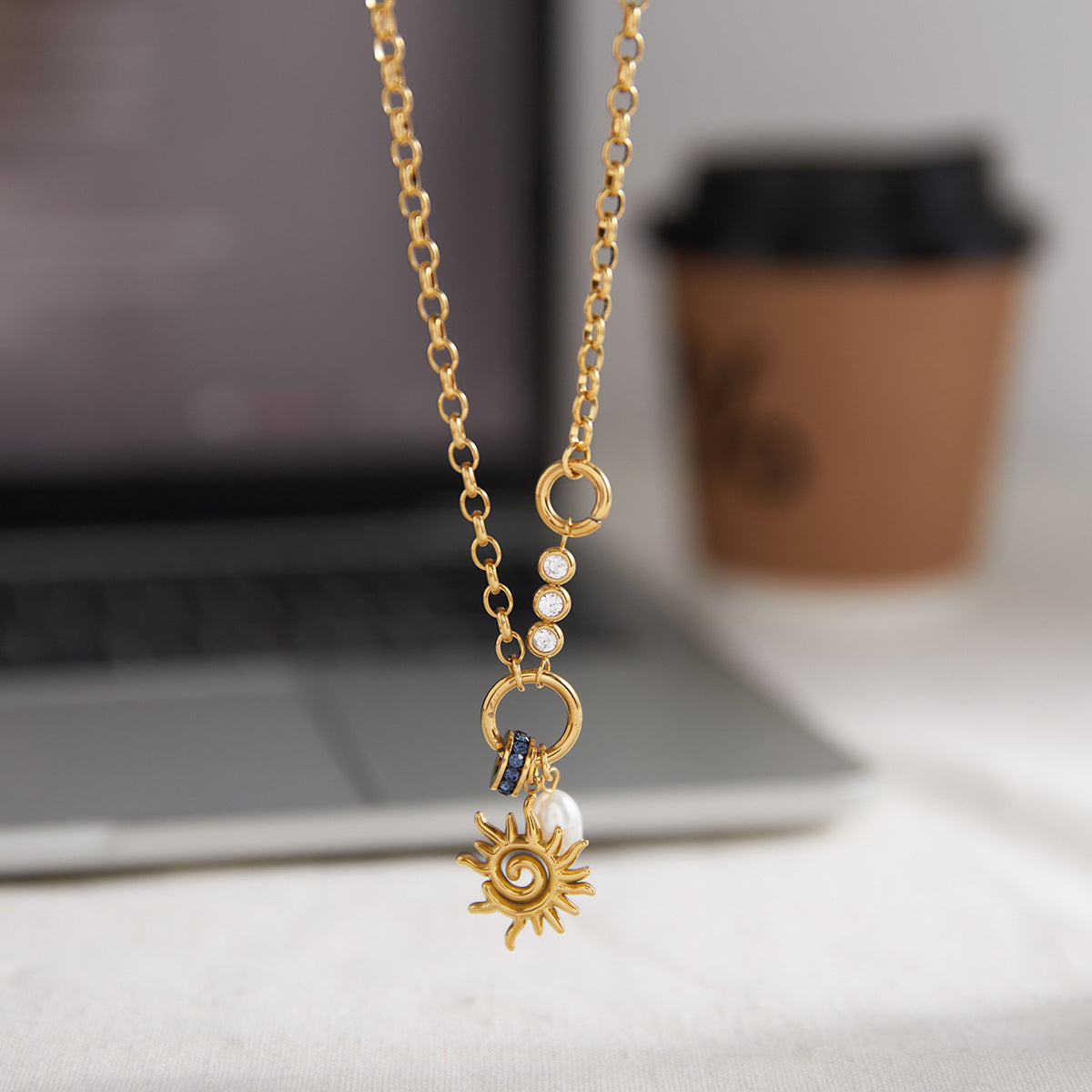 Stainless Steel Spiral Sun Pendant Freshwater Pearl Necklace