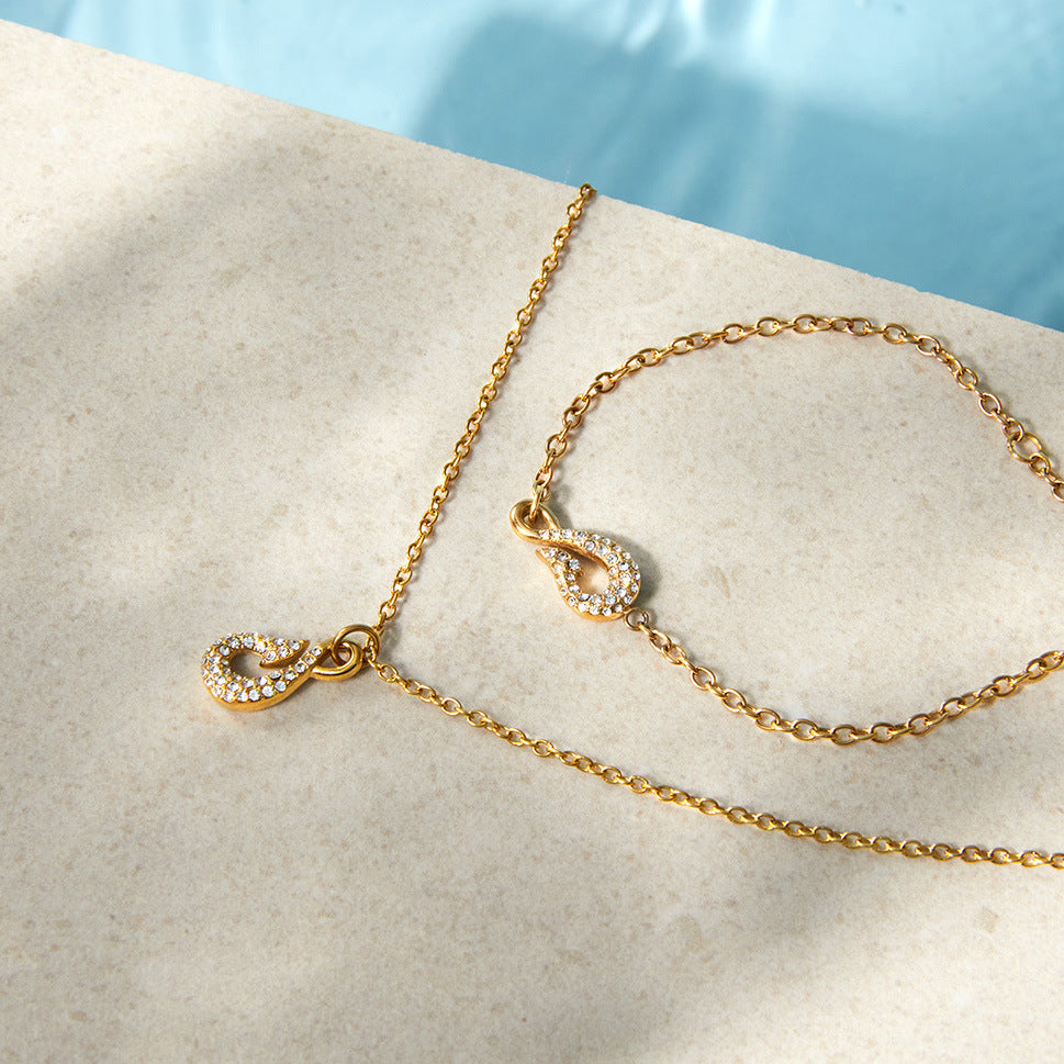 Stainless Steel Rhinestone Fish Hook Necklace Bracelet Jewelry Set