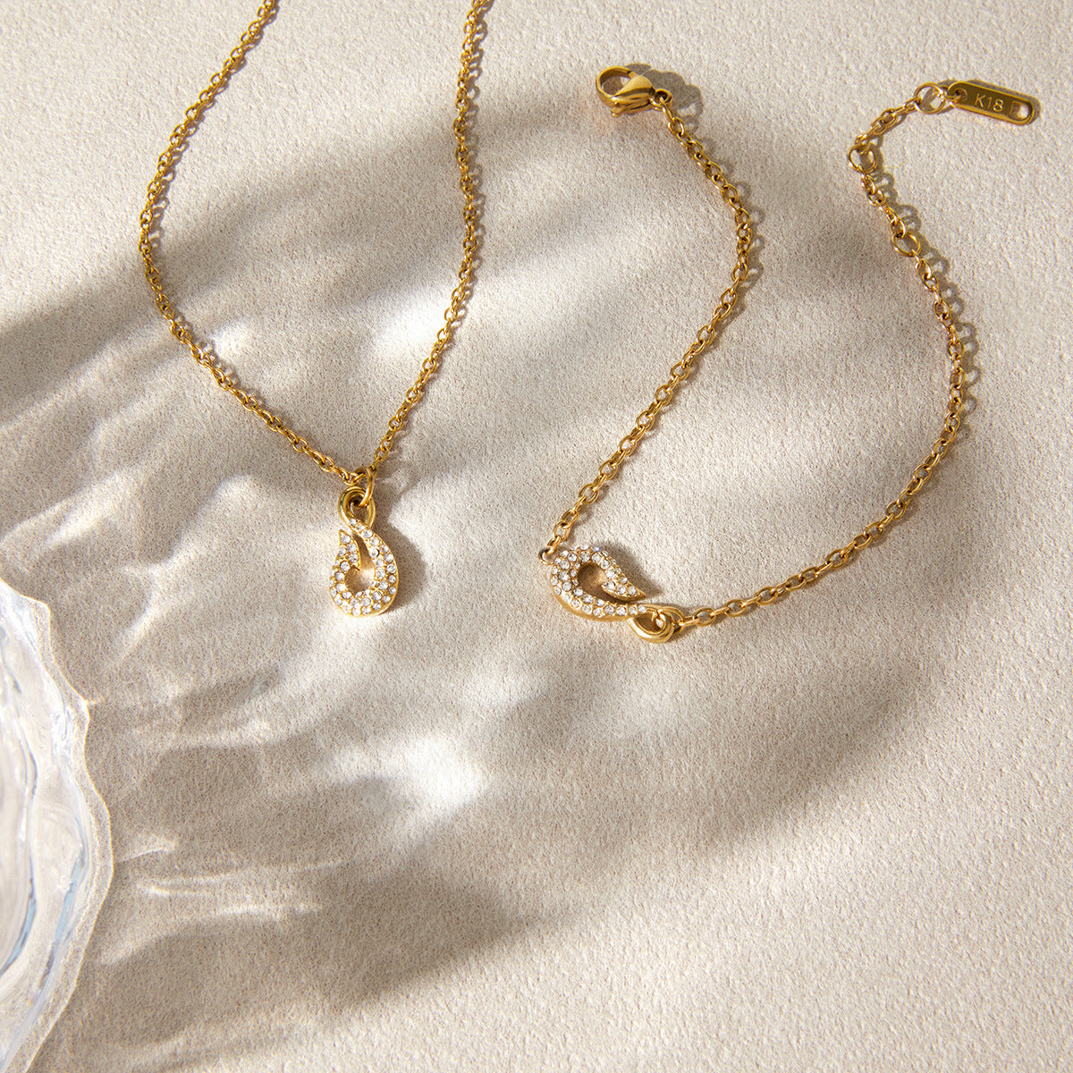 Stainless Steel Rhinestone Fish Hook Necklace Bracelet Jewelry Set